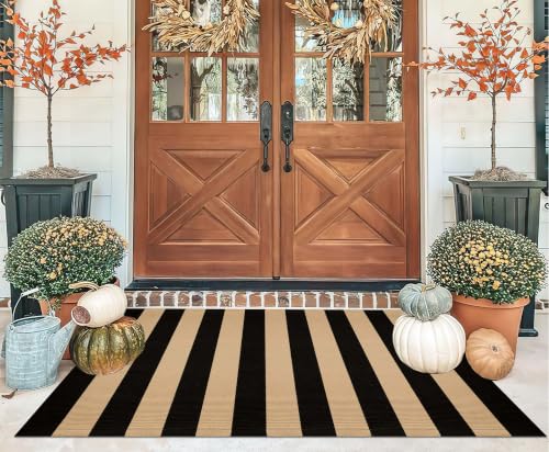 3'x5' Black & Tan Outdoor Rug - Washable Farmhouse Front Door Mat - color: Black Tan, size: 3' x 5' (Rectangular)