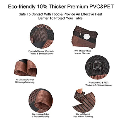 GIVERARE Placemats Set of 4, Heat-Resistant Woven Vinyl Placemat, Non-Slip Washable PVC Table Mat, Easy to Clean Premium Plastic Mats for Dining, Kitchen Table (Black+Brown) - color: Black+brown