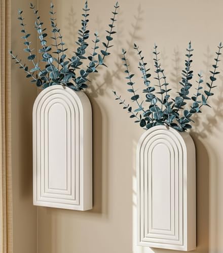 DREAMLOOM 2 Pack Wooden Wall Vases with Eucalyptus Artificial Plants, Wall Hanging Planters Boho Modern Farmhouse Indoor for Narrow Spaces Entryway Bathroom Home Office Decoration, White - color: A-white