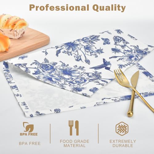 Snycler Table Runner Blue Monochrome Sketch Flower Birds Butterfly Table Cover Retro Floral Kitchen Dining Table Decoration for Indoor Outdoor Home Party Restaurant Supplies (12x18 Inch,Set of 4) - color: Blue Sketch Flower, size: 12" x 18"