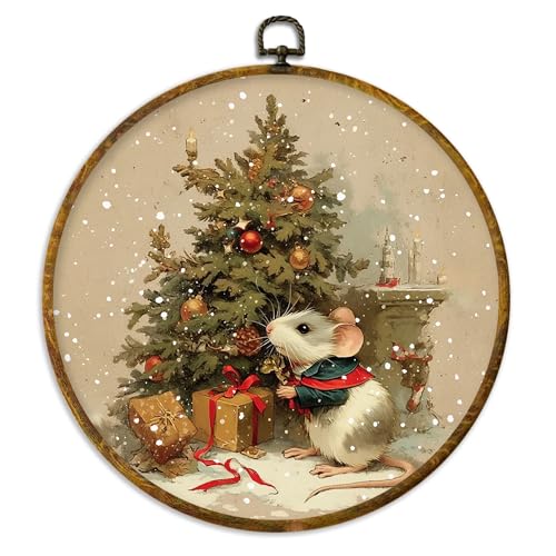 XPH Vintage Christmas Mouse Round Wall Art Framed, Retro Christmas Tree Rat Circle Wall Decor, Cozy Winter Xmas Animal Hanging Canvas Prints for Home Bedroom Living Room Decoration, 10x10 Inch - color: Christmas 05