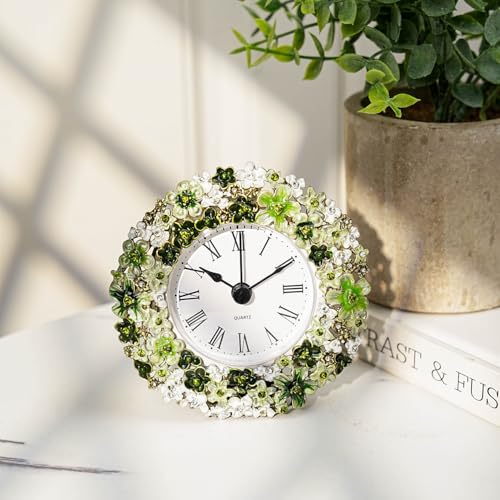 Floral Small Tabletop Clock, Battery Operated Metal Clock with Rhinestone for Bedside, Table, Living Room, Home & Office, Quartz Analog Movement - color: Green With White