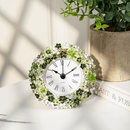 Floral Small Tabletop Clock, Battery Operated Metal Clock with Rhinestone for Bedside, Table, Living Room, Home & Office, Quartz Analog Movement - color: Green With White