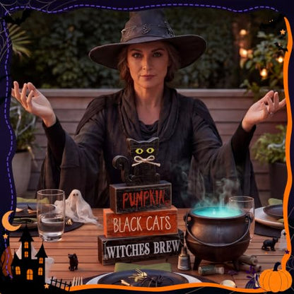 Lineshading 4 Pcs Halloween Table Decor for Home, Wooden Black Cat Sign Set - style: Black Cat