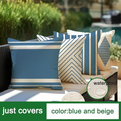 Outdoor Pillows Covers 18x18 Waterproof,Blue and Beige Set of 4(No Insert) - color: Blue and Beige, size: 18" x 18" (Pack of 4)
