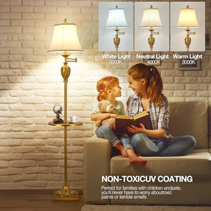 Traditional Floor Lamp with Tray, Remote Dimmable, 350° Swing Arm and Gold - color: Gold-1