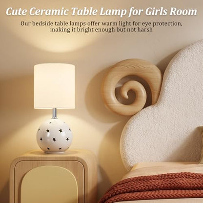 Small Table Lamp,14" White Ceramic Bedside Lamp for Girls Kids Bedroom,Dorm - color: White
