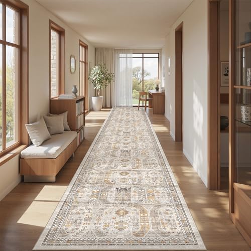 befbee 2'6"x16' Runner Rug for Hallway Washable Non Slip Kitchen Rug - color: Brown/Gold, size: 2'6" x 16' (Runner)