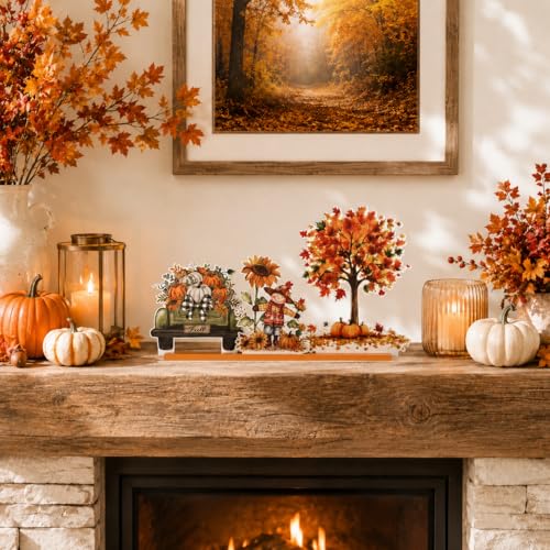 Smile Fall Thanksgiving Halloween Wooden Standing Decor, Truck Pumpkin Scarecrow Sunflower Tiered Tray Signs with Stands for Rustic Farmhouse Home Decor - style: Fall Scarecrow