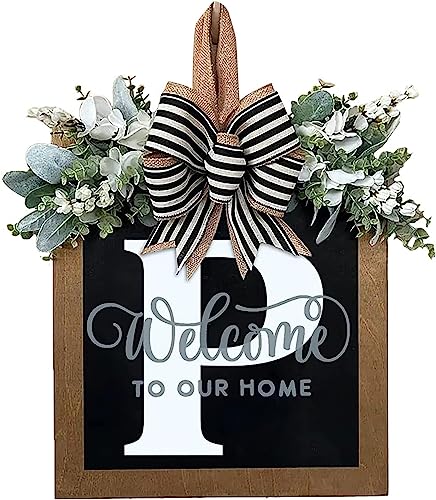 Last Name All Year Round Front Door Wreath with 26 Initial Letter Welcome Sign All Seasons Eucalyptus Garland and Bow ，Farmhouse, Porch, for Spring Summer Fall All Seasons Holiday Halloween Christmas.（P） - color: P