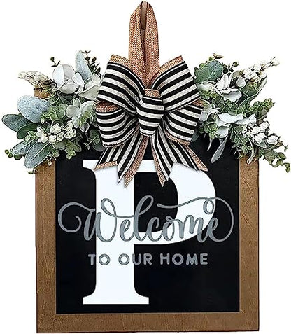 Last Name All Year Round Front Door Wreath with 26 Initial Letter Welcome Sign All Seasons Eucalyptus Garland and Bow ，Farmhouse, Porch, for Spring Summer Fall All Seasons Holiday Halloween Christmas.（P） - color: P