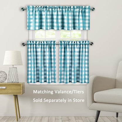 Amzdecor Teal White Buffalo Plaid Valance Semi Sheer Cafe Curtain 55"x15" - color: Teal/White