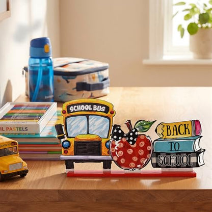 Smile Back to School Wooden Table Decor Book Stack, Polka Dot Apple, School Bus Desktop Signs - Classroom & Home Office Tabletop Decorations School Gift for Students, Teachers - style: School
