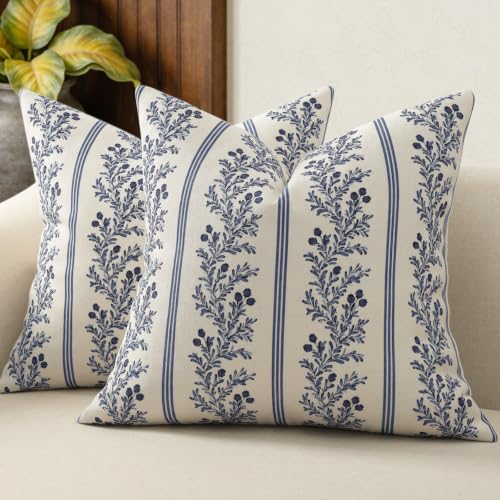 Vintage Throw Pillow Covers 24x24 Set of 2, Striped Floral Pillow Cover Botanical Patterned Decorative Cushion Covers Modern Farmhouse Home Decor for Sofa Couch Bed Living Room, Indigo Blue - color: Indigo Blue, size: 24" x 24" (Pack of 2)