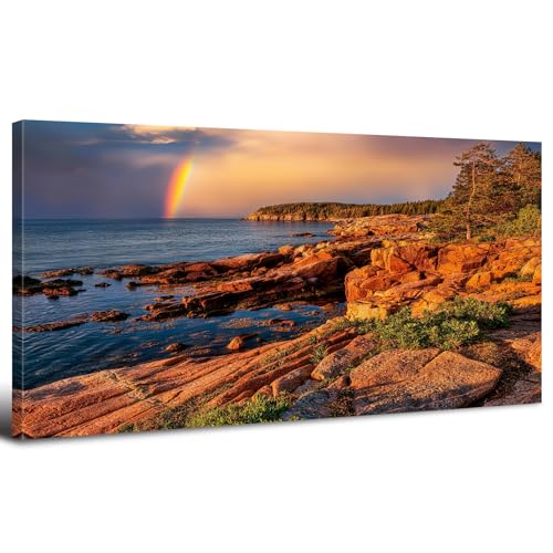 Coastal Rocky Beach Wall Art Sunset Rainbow Seaside Scene Wall Decor for Living Room Nature Painting Canvas Prints Seascape Ocean Wave Picture National Park Poster Bedroom Office Decorations 20x40" - color: Field03, size: 40"L x 20"W