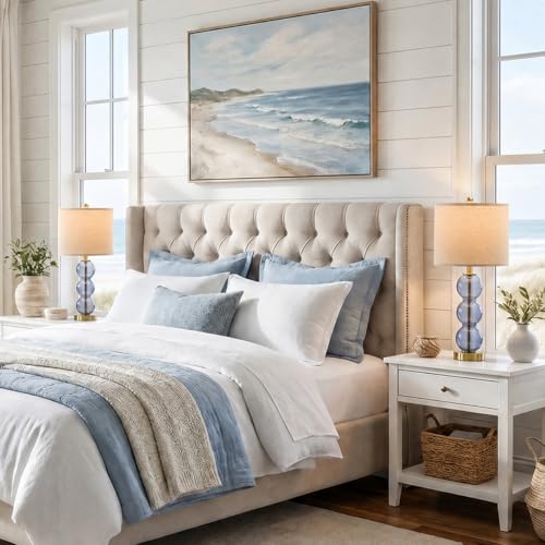 Oneach 25" Blue Table Lamps for Living Room, Glass Modern Table Lamp Set of 2, USB Charging Ports, Linen Shade, Bedside Lamps for Bedroom, Nightstand, Side Table - color: Blue