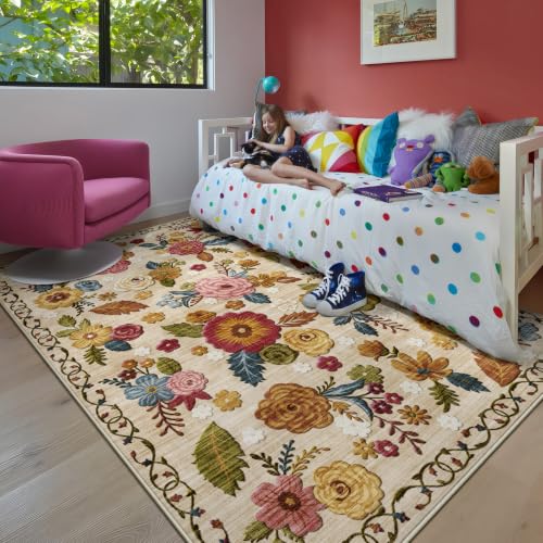 Washable 5x7 Area Rug, Beige Boho Floral Non-Slip for Living Room, Bedroom - color: Beige, Cream, Mustard, Brick Red and Blue, size: 5' x 7' (Rectangular)
