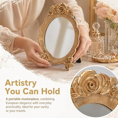 HEALLILY Oval Resin Makeup Mirror Portable European Style Handheld Cosmetic Mirror with Rose Relief Frame Lightweight for Vanity and Travel