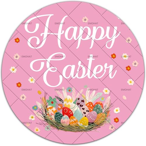 EMOHAT Happy Easter Round Metal Tin Sign with Cute Easter Egg, 12x12 Inch Wreath Style Wall Decor, Spring Front Door Hanging Sign for Porch Indoor Home - color: Happy Easter, size: 12x12 Inch