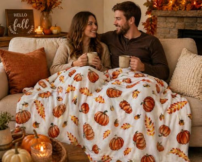 Fall Soft Fleece Throw Blanket, Pumpkin Leaves Wheat, 50" x70 Oversized - color: Fall Harvest