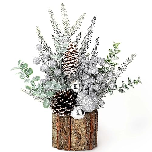 Small Christmas Tree Tabletop Artificial Mini Christmas Tree Decorations with Holiday Ornaments Red Berry Pine Cone Greenery for Home Indoor Fireplace Mantel Xmas Decor (Tree Stump-Silver) - color: Tree Stump-silver