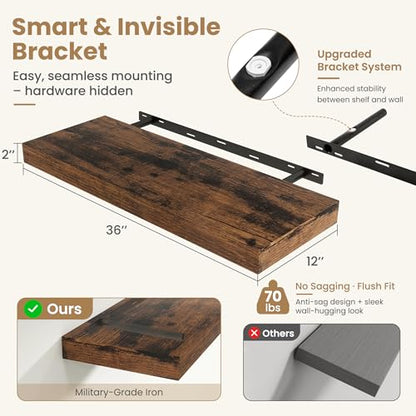 36 Inch Long Floating Shelves for Wall Set of 1, 12"D Wood Grain Shelves - color: Rustic Brown, size: 36"Wx12"Dx2"H, 1P