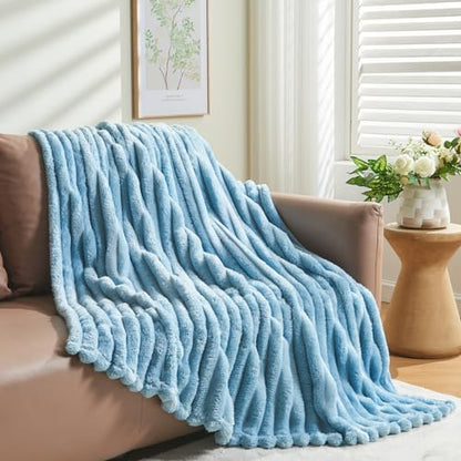 NEWCOSPLAY Fleece Ribbed Cozy Throw Blanket for Couch, Blue, 50"x60" - color: Blue Ribbed, size: Throw(50"x60")