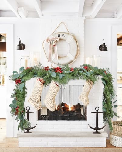 DearHouse 6Ft Pine Garland Christmas Decoration, Artificial Red Berry Christmas Garland with Eucalyptus Pine Cones Cypress Garland for Holiday Season Mantel Fireplace Table Centerpiece Decor