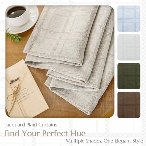 Beauoop Beige Plaid Jacquard Blackout Curtains for Bedroom 52x84 2 Panels - color: Beige, size: 52"W x 84"L (Pack of 2)