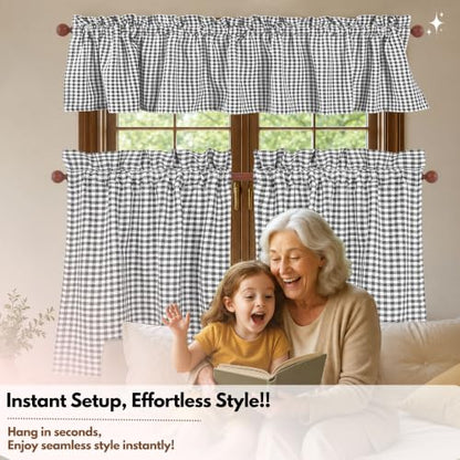 Native Fab Gingham Plaid Check 3 Pieces Window Curtain Tiers 26"x36" and Valance 54"x18" Set - Rod Pocket - Semi Sheer - Farmhouse Short Curtain for Kitchen, Bedroom, Bathroom - Grey and White - color: Grey White