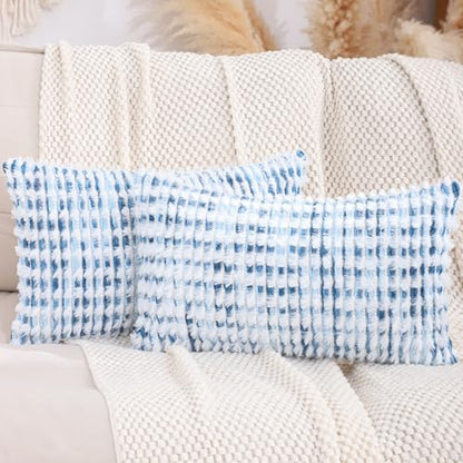 LUOYEHK Boho Throw Pillow Covers 12x20 Inch Set of 2 Chenille Tufted Pillow Case Farmhouse Neutral Cushion Covers for Couch Sofa Bed Living Room, Blue White - color: Blue White, size: 20" x 12" (Pack of 2)
