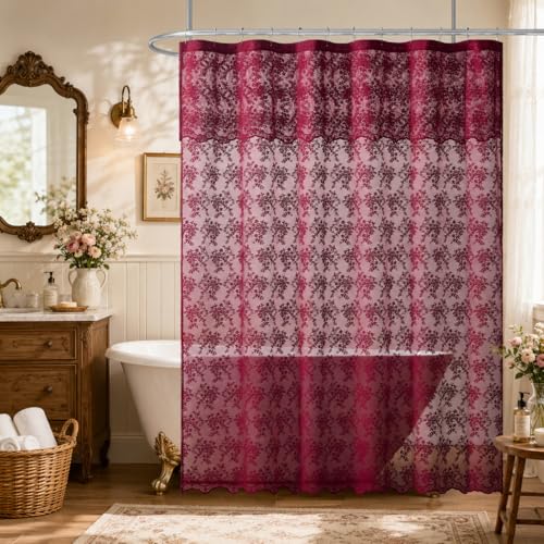 TUDECO Lace Burgundy Shower Curtain with Attached Valance, 72 x 72 Inch - color: Burgundy, size: 72"W x 72"L (Pack of 1)