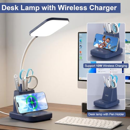 LED Desk Lamp with 10W Wireless Charging & Pen Holder, Navy Blue - color: Navy Blue