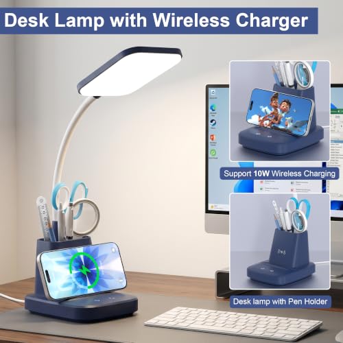 LED Desk Lamp with 10W Wireless Charging & Pen Holder, Navy Blue - color: Navy Blue