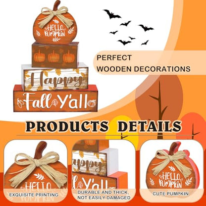 4 Pcs Fall Decor Home Pumpkin Wooden Sign Hello Fall Tiered Tray Decor - style: Pumpkin