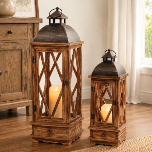 Decorative Wooden Candle Lanterns Set of 2, Rustic Farmhouse Indoor Outdoor