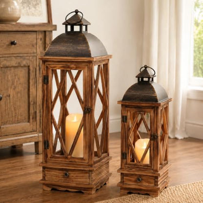 Decorative Wooden Candle Lanterns Set of 2, Rustic Farmhouse Indoor Outdoor
