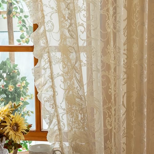 TUDECO Beige Lace Kitchen Curtains 45 Inch Length, Ruffle Trim, 2 Panels - color: Beige, size: 59"W x 45"L (Pack of 2)