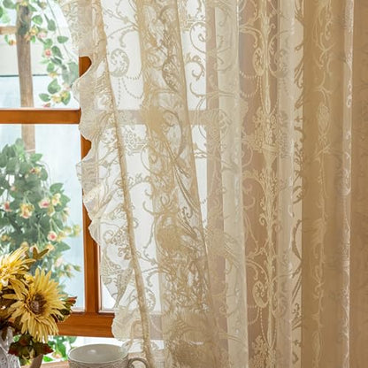 TUDECO Beige Lace Kitchen Curtains 45 Inch Length, Ruffle Trim, 2 Panels - color: Beige, size: 59"W x 45"L (Pack of 2)