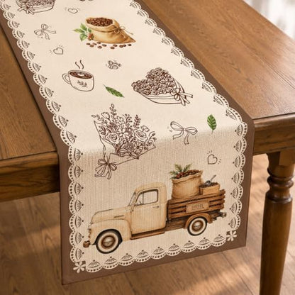 Retro Coffee Cup Table Runner, Farmhouse Rustic Linen Runner 13x72 in - color: Brown