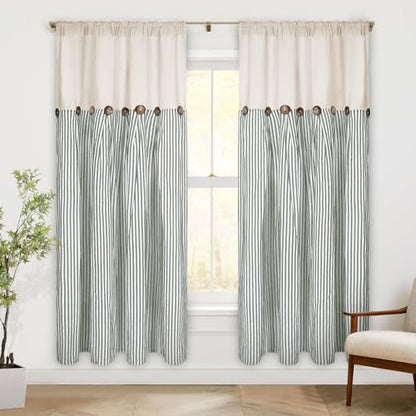 ASPMIZ Cotton Linen Farmhouse Curtains Boho Rustic Button Curtain, Linen Window Curtain Panels Green Stripe Country Curtains for Living Room Bedroom, Rod Pocket Window Drapes, 52 x 63 Inch, 2 Panels - color: Beige&green, size: 52"W x 63"L (Pack of 2)