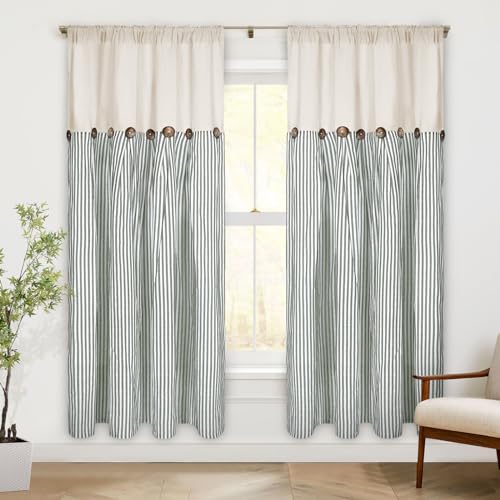 ASPMIZ Cotton Linen Farmhouse Curtains Boho Rustic Button Curtain, Linen Window Curtain Panels Green Stripe Country Curtains for Living Room Bedroom, Rod Pocket Window Drapes, 52 x 63 Inch, 2 Panels - color: Beige&green, size: 52"W x 63"L (Pack of 2)