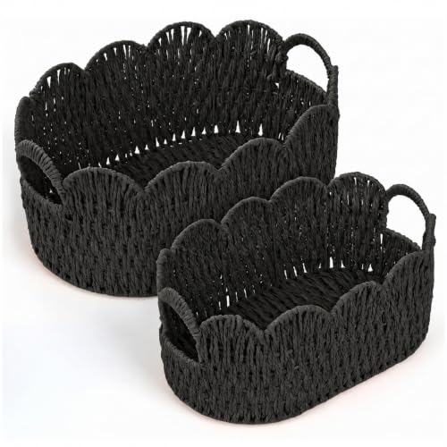 Endymion Set of 2 Paper Rope Scalloped Basket, Wicker Storage Baskets Black - color: Black
