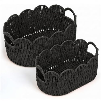 Endymion Set of 2 Paper Rope Scalloped Basket, Wicker Storage Baskets Black - color: Black