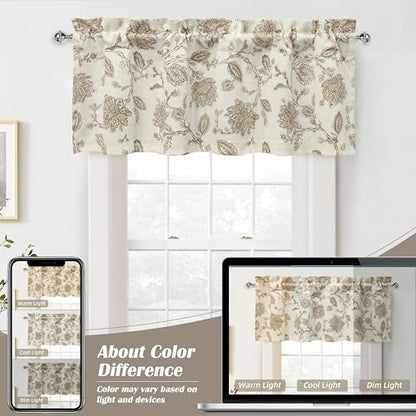 DriftAway Freda Jacobean Floral Linen Blend Blackout Thermal Insulated Energy Saving Privacy Window Linen Curtain Valance Rod Pocket 2 Layers Single 52 Inch by 18 Inch Plus 2 Inch Header Taupe - color: Taupe, size: 52"W x 18"L (Pack of 1)