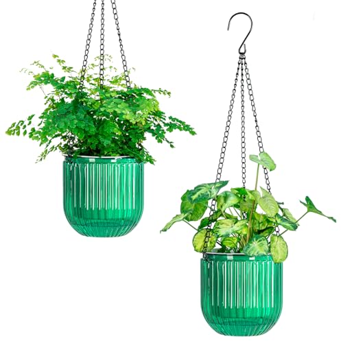 Melphoe 2 Pack Self Watering Hanging Planters Indoor Flower Pots, 5.3 Inch Outdoor Hanging Basket, Plant Hanger with 3Hooks Drainage Holes for Garden Home (Emerald) - color: Emerald, size: 5.3''+5.3''