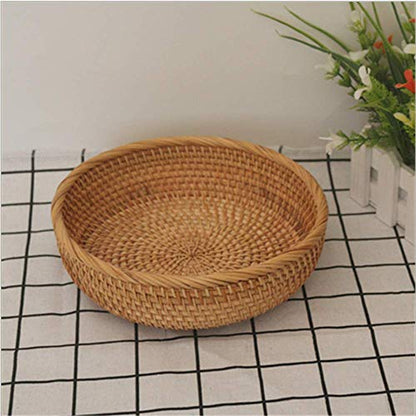 Hadewoven Round Rattan Fruit Basket Wicker Food Tray Weaving Storage Holder Dining Room Bowl, 8 Inch Small Bread Baskets Tray for Serving with Deep Wall, Brown (Small 7.48”) - size: Small 7.48"