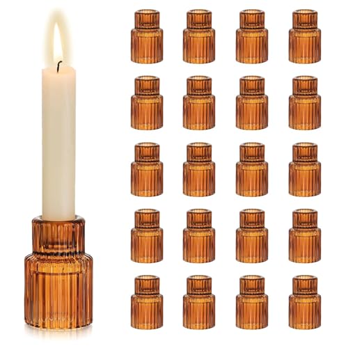 Hewory Glass Candlestick Holders Bulk, 20PCS Amber Taper Candle Holders - color: Amber, size: 20PCS
