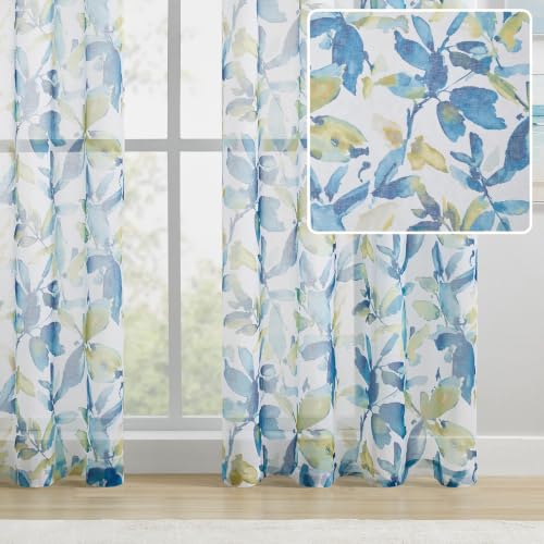 Farmhouse Sheer Curtains 84 Inch Length for Living Room 2 Panels - color: Leaf | Blue, size: 50"W x 84"L (Pack of 2)