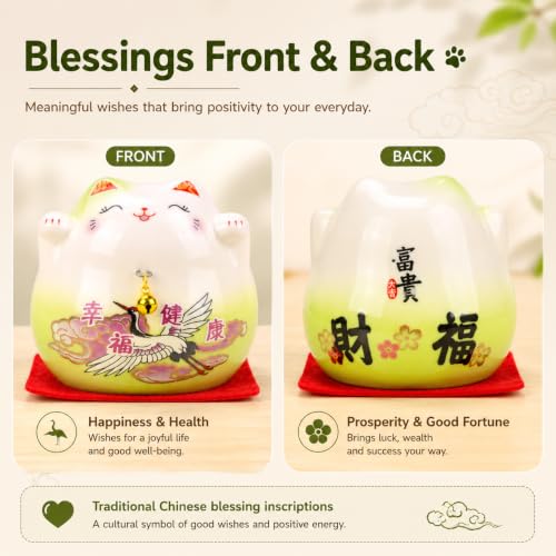 kcrygogo Green Maneki Neko Lucky Cat Figurine, Ceramic Japanese Fortune Cat Statue with Happiness Health Artwork and Red Cushion, Cute Good Luck Desk Shelf Table Decor Gift for Home Office Shop